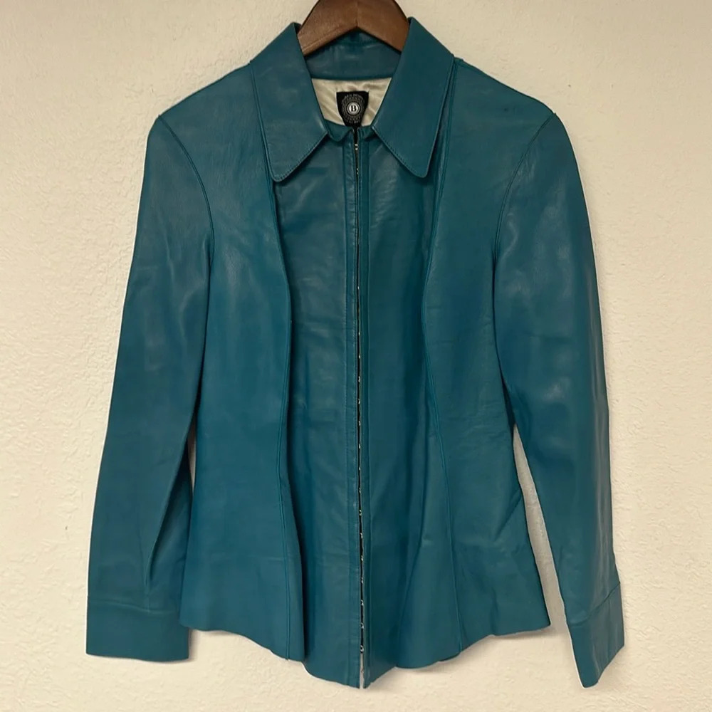 Teal Leather Zip-Front Women's Jacket